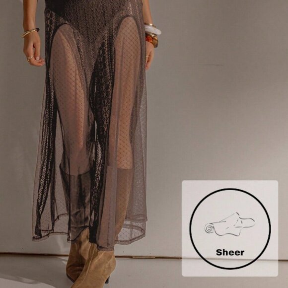 Coffee Brown Casual Women's Sexy Sheer Lace Maxi Dress - Picture 7 of 7